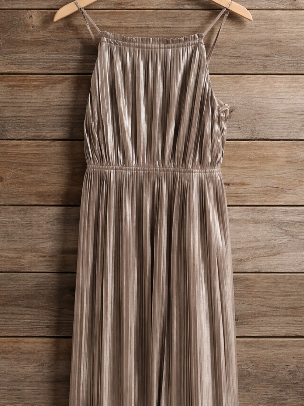 Banana Republic Metallic Taupe Pleated Maxi Dress